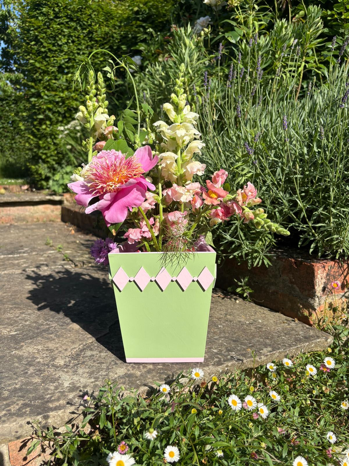 Hand-painted Wooden Plant Pot — Pistachio & Pink Diamond Design