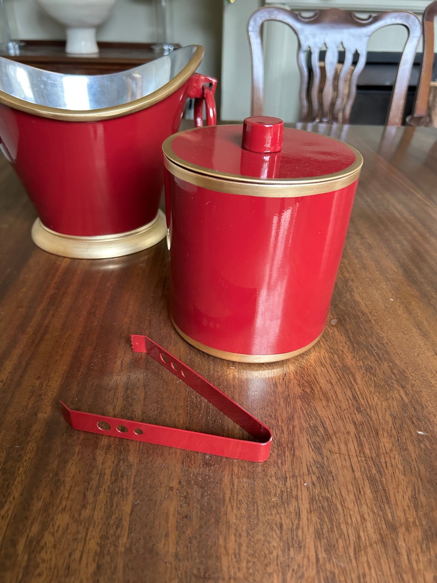 Red Ice Bucket with Hand-painted gold edge- double lined stainless steel.