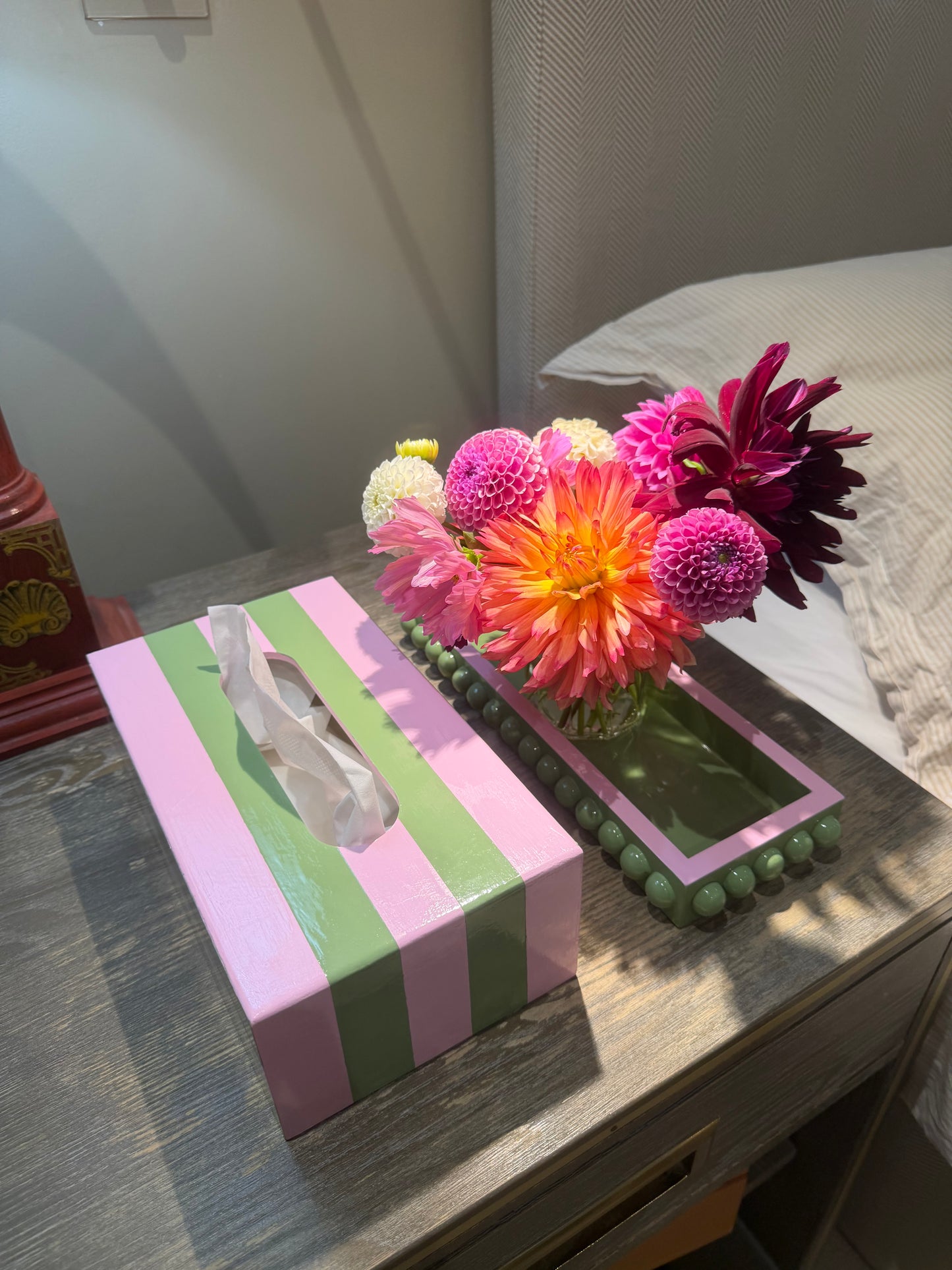 Green Bobbin Style Decorative Tray with Pink Edge