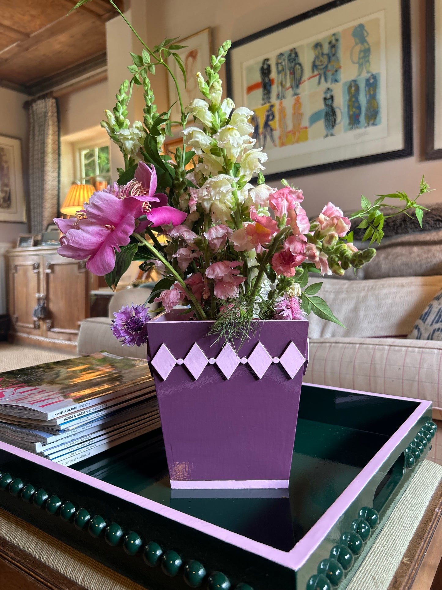 Hand-painted Wooden Plant Pot — Mulberry & Pink Diamond Design