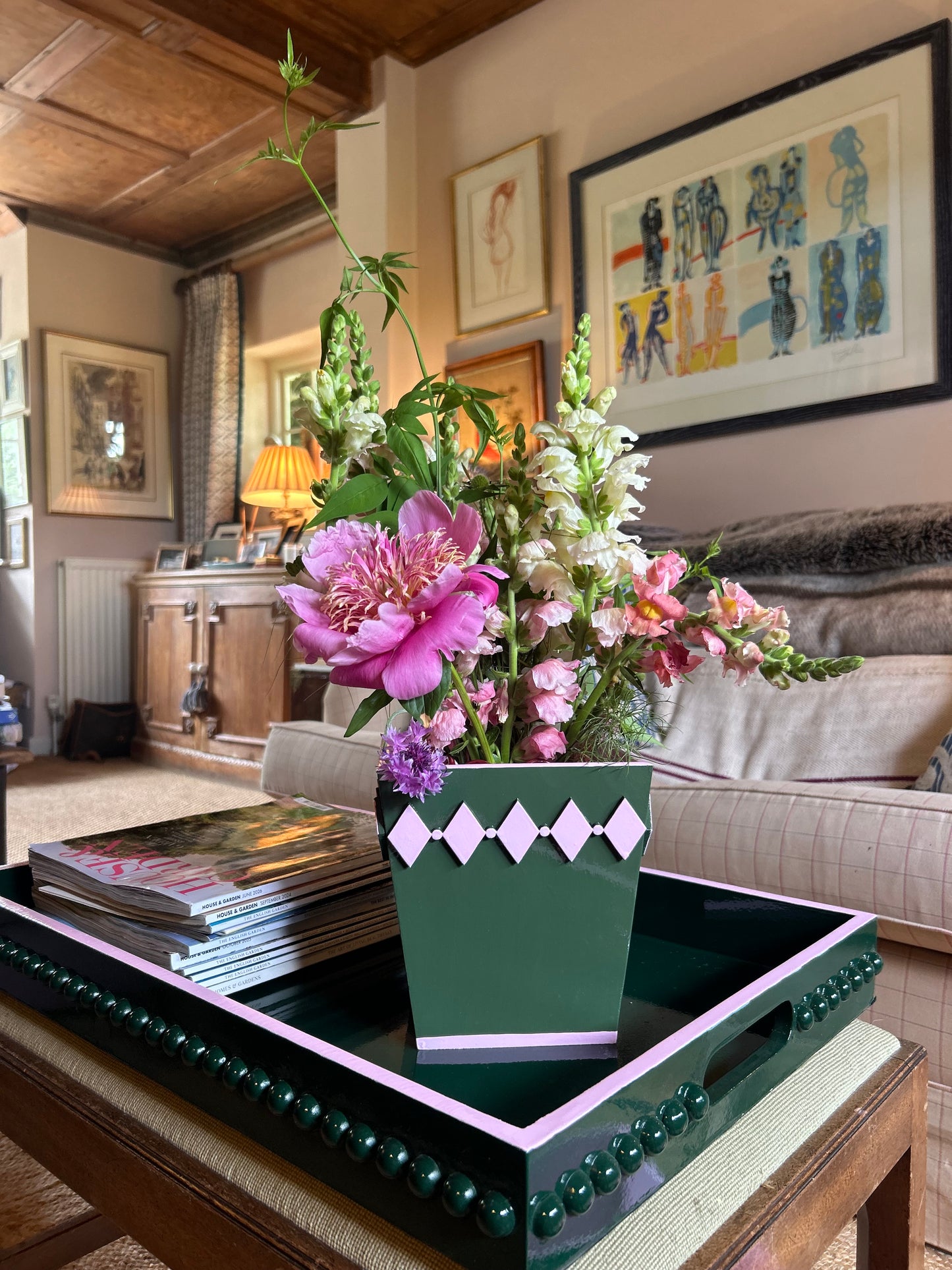 Hand-painted Wooden Plant Pot — Forest Green & Pink Diamond Design