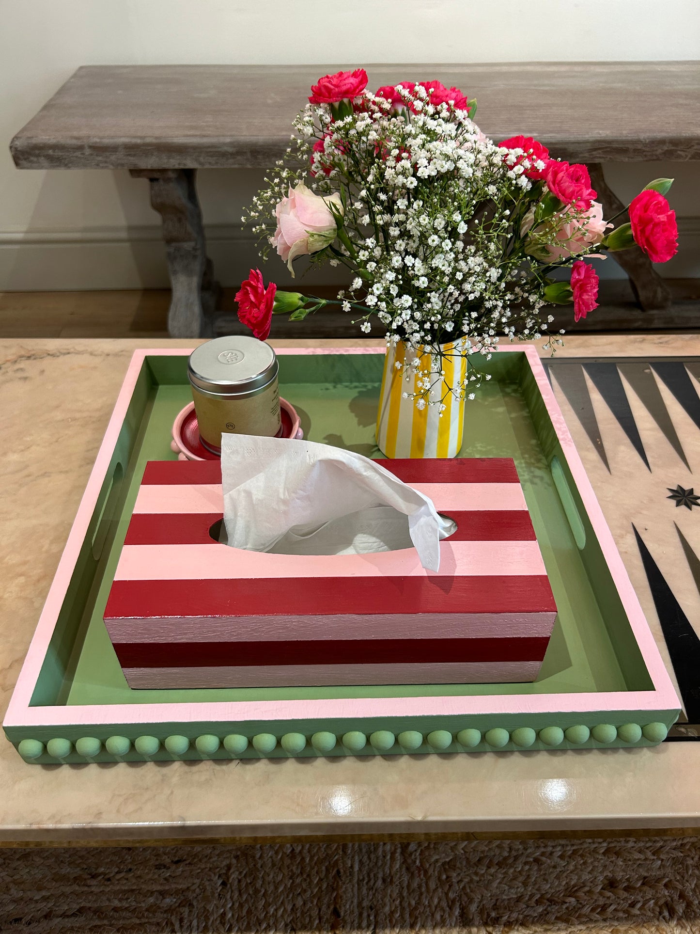 Green Bobbin Style Coffee Table Tray with Pink Edge