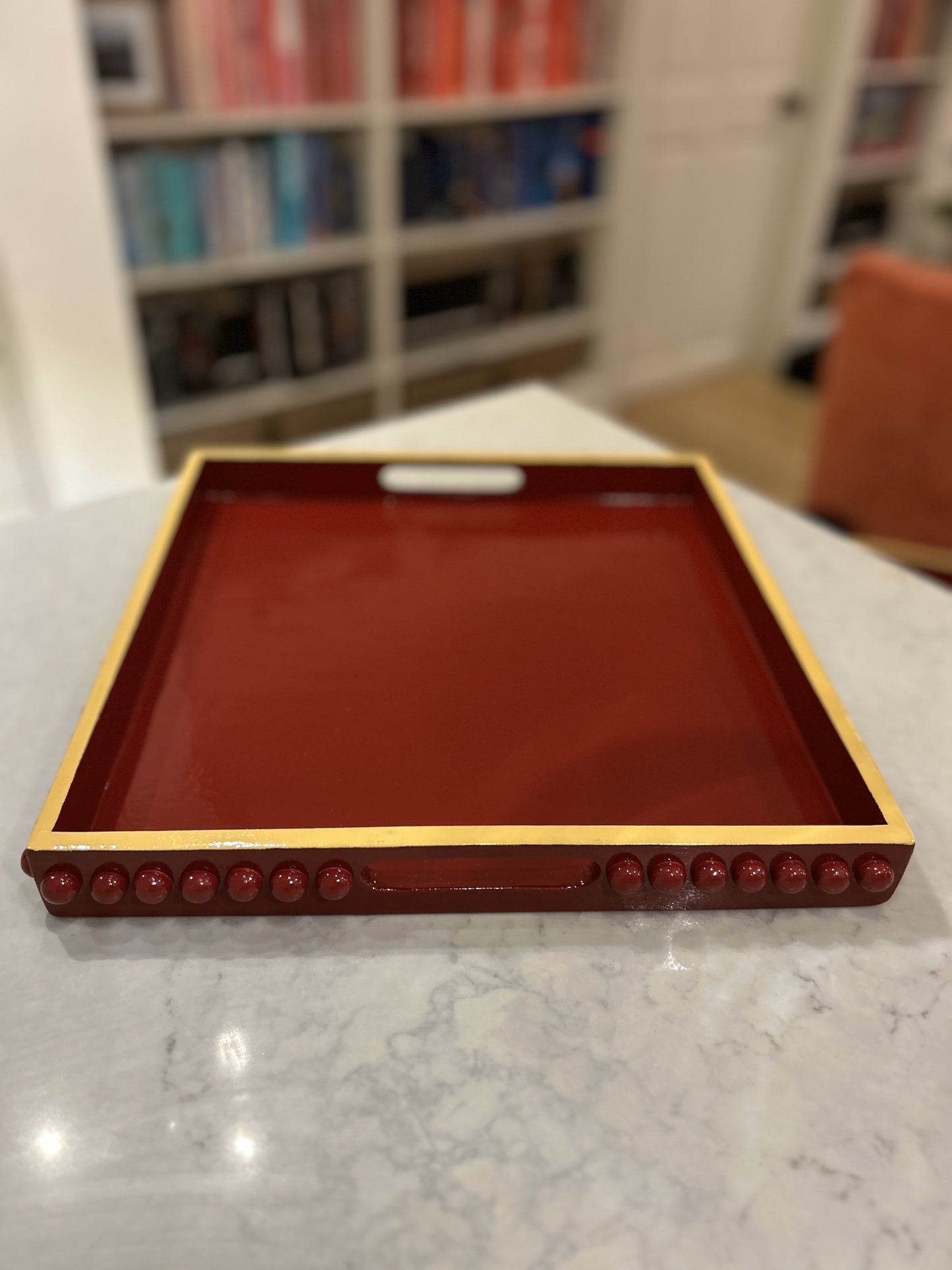 Red and Mustard Yellow Coffee Table Tray with Handles