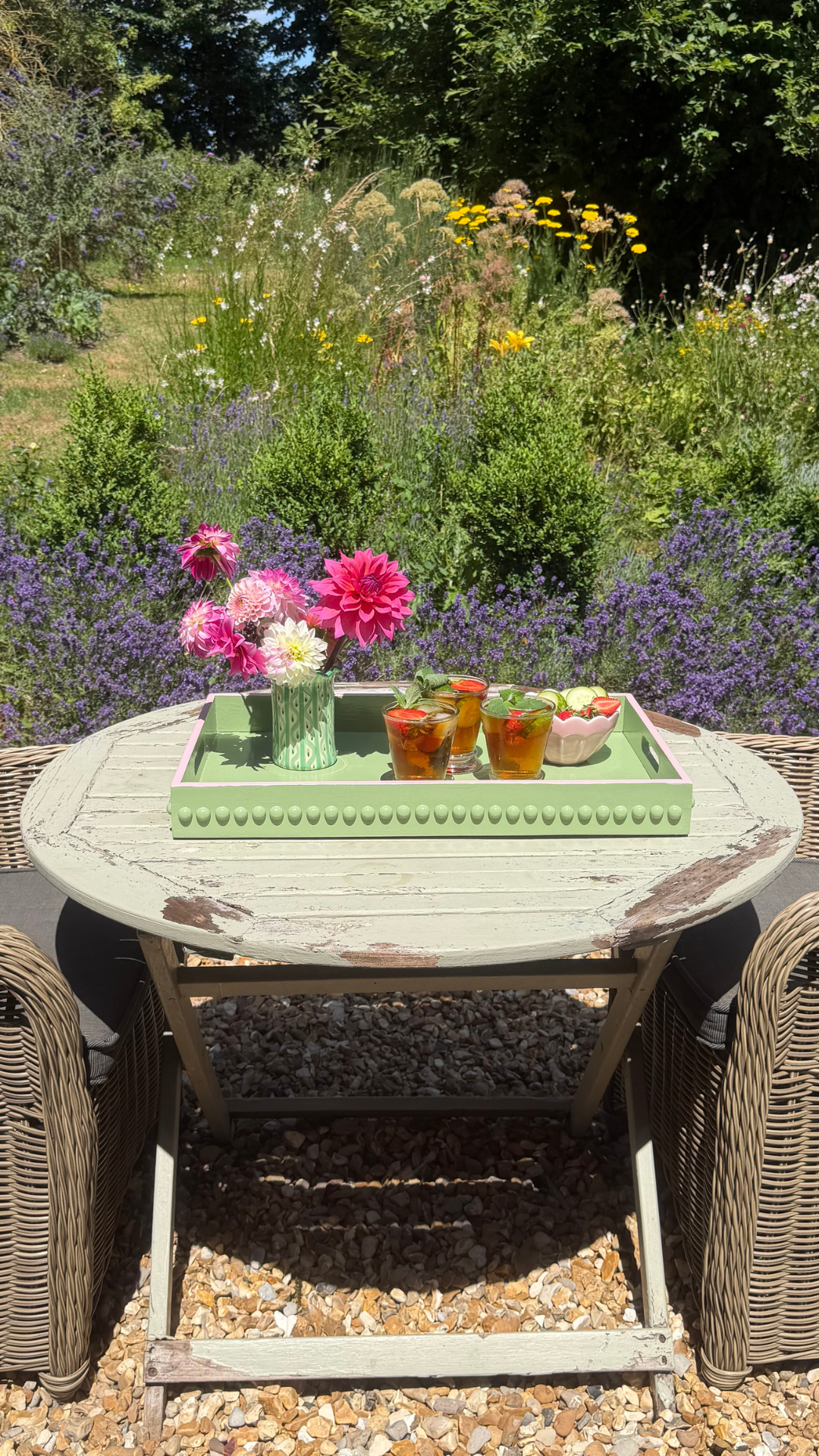 Green Bobbin Style Coffee Table Tray with Pink Edge