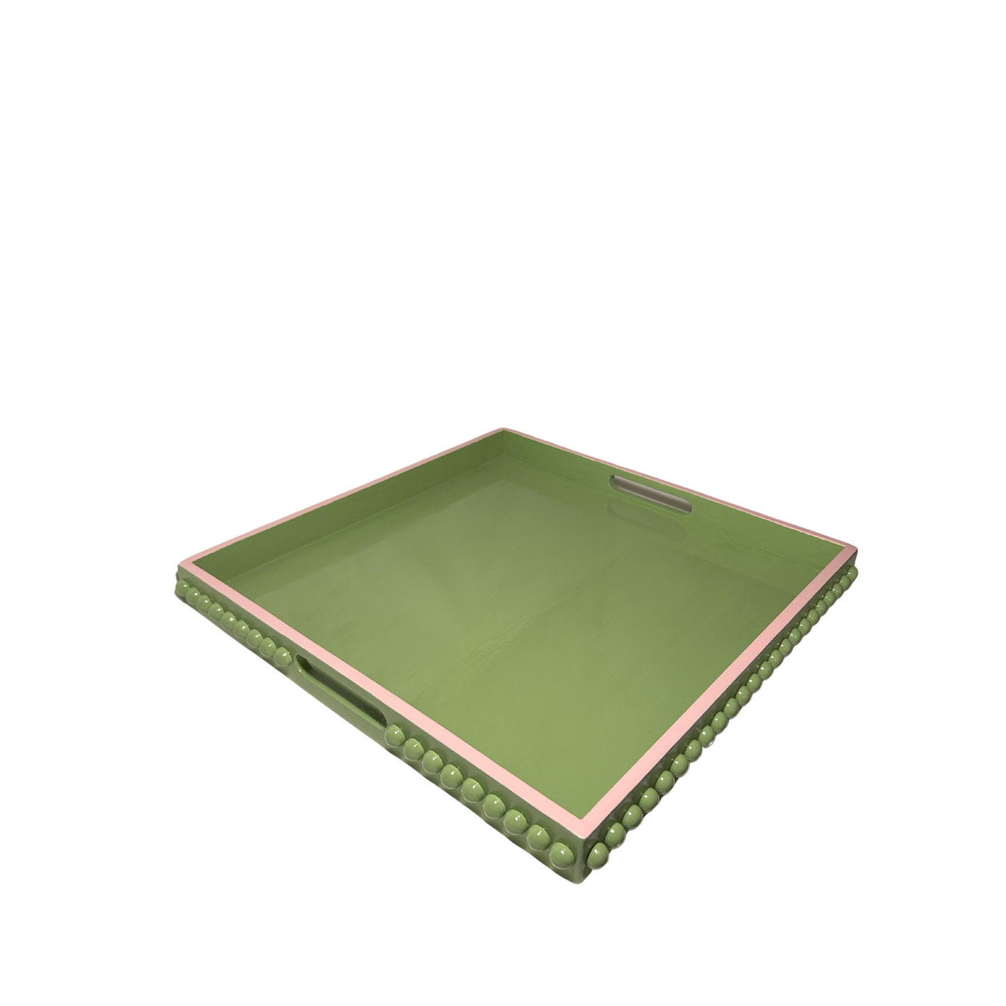 Square decorative coffee table tray with a green bobbin style pattern and pink edge, gloss finish.