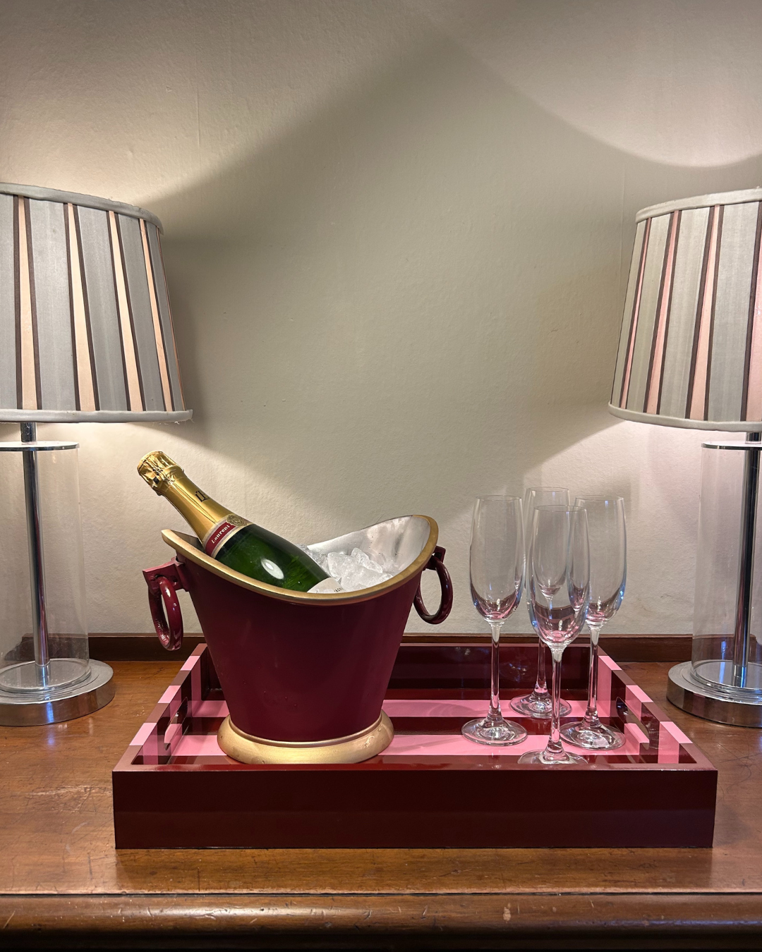 Pink & Red Striped Decorative Tray with Handles