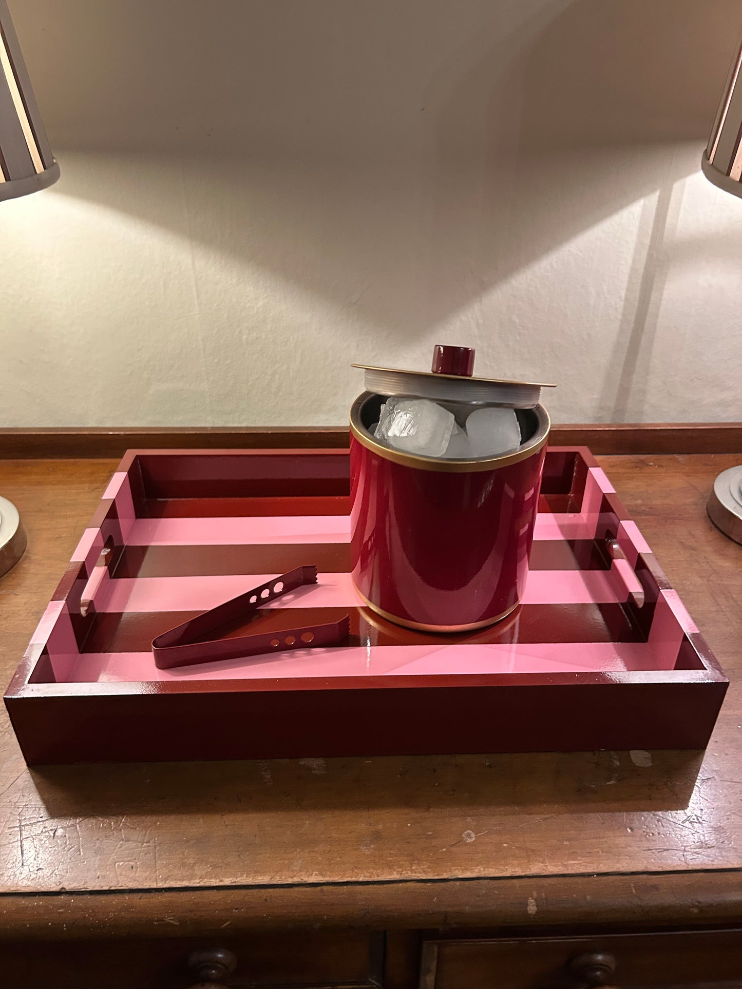 Red Ice Bucket with Hand-painted gold edge- double lined stainless steel.