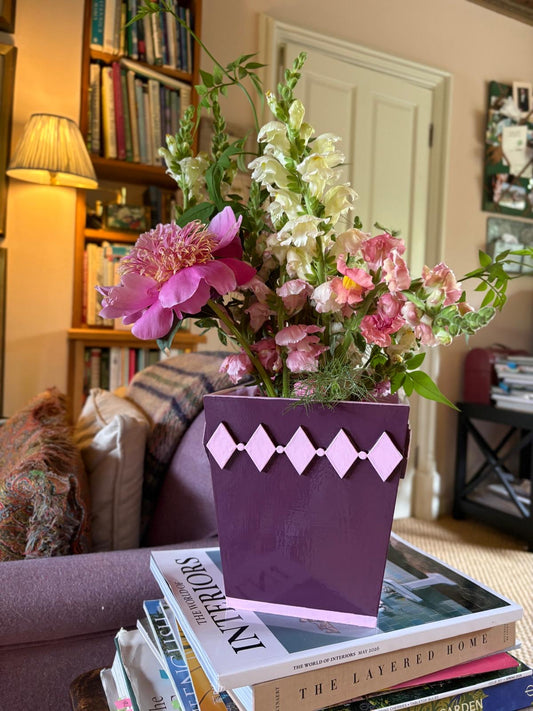 Hand-painted Wooden Plant Pot — Mulberry & Pink Diamond Design