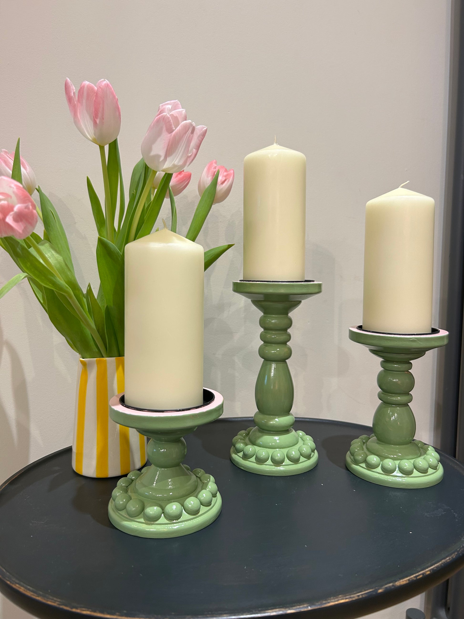 Green and Pink Bobbin Style pillar Candle Holder 