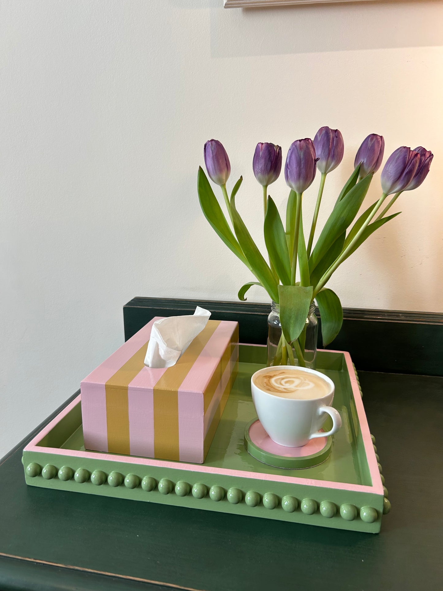 Mustard Yellow and Pink Striped Tissue Box
