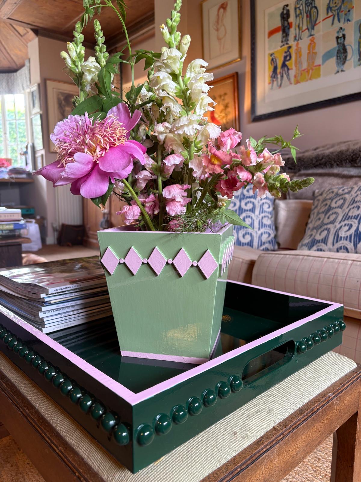 Hand-painted Wooden Plant Pot — Pistachio & Pink Diamond Design