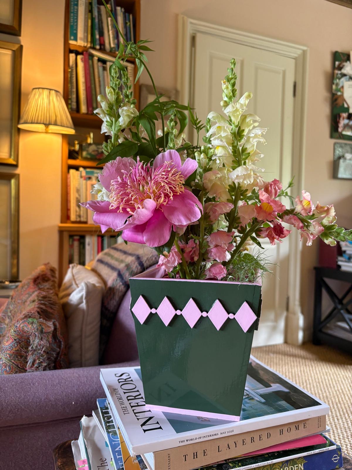 Hand-painted Wooden Plant Pot — Forest Green & Pink Diamond Design
