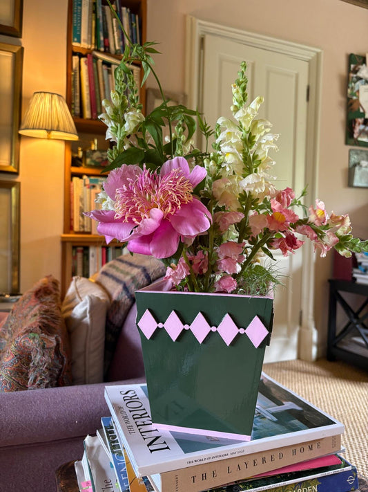 Hand-painted Wooden Plant Pot — Forest Green & Pink Diamond Design