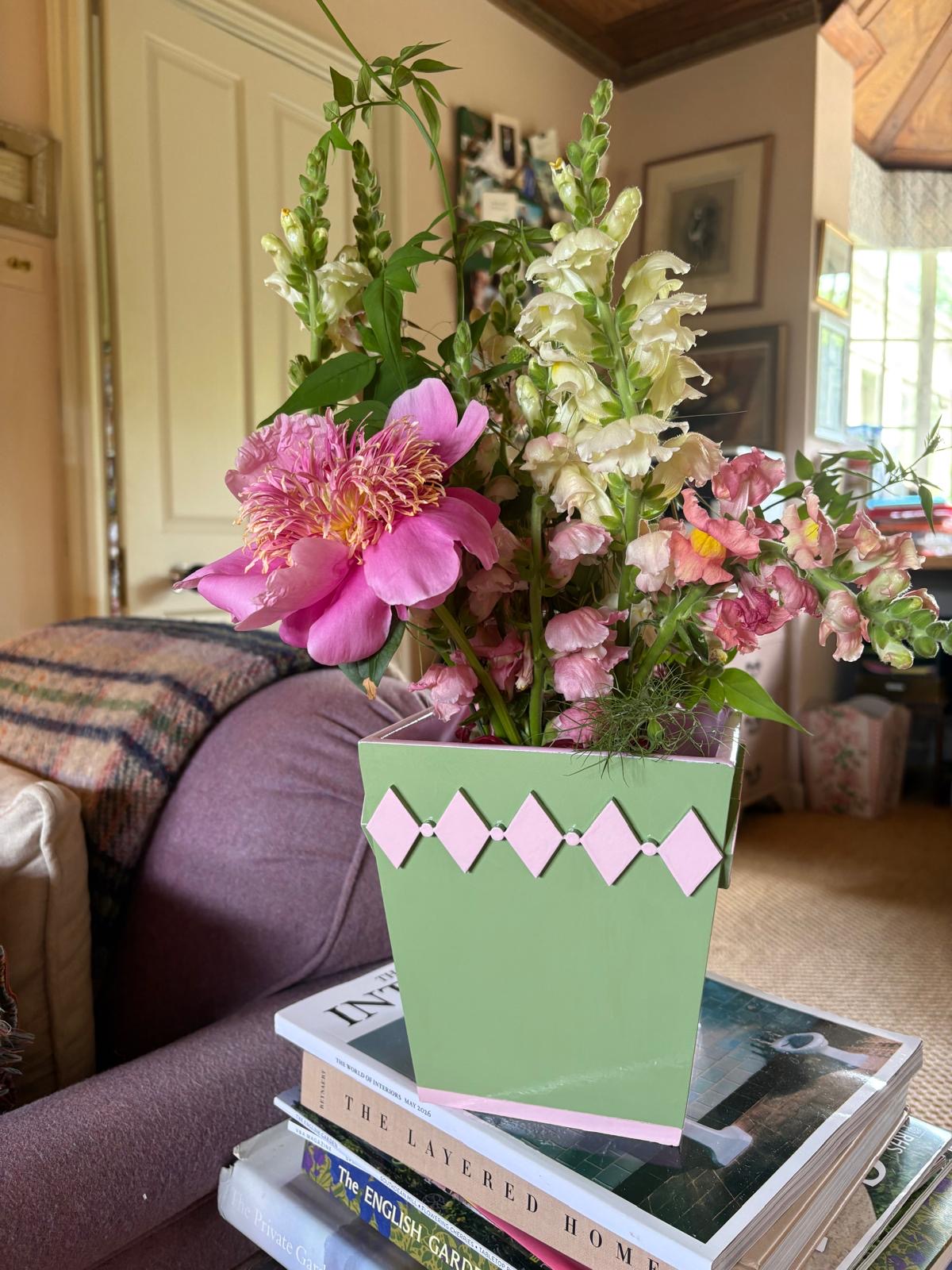 Hand-painted Wooden Plant Pot — Pistachio & Pink Diamond Design