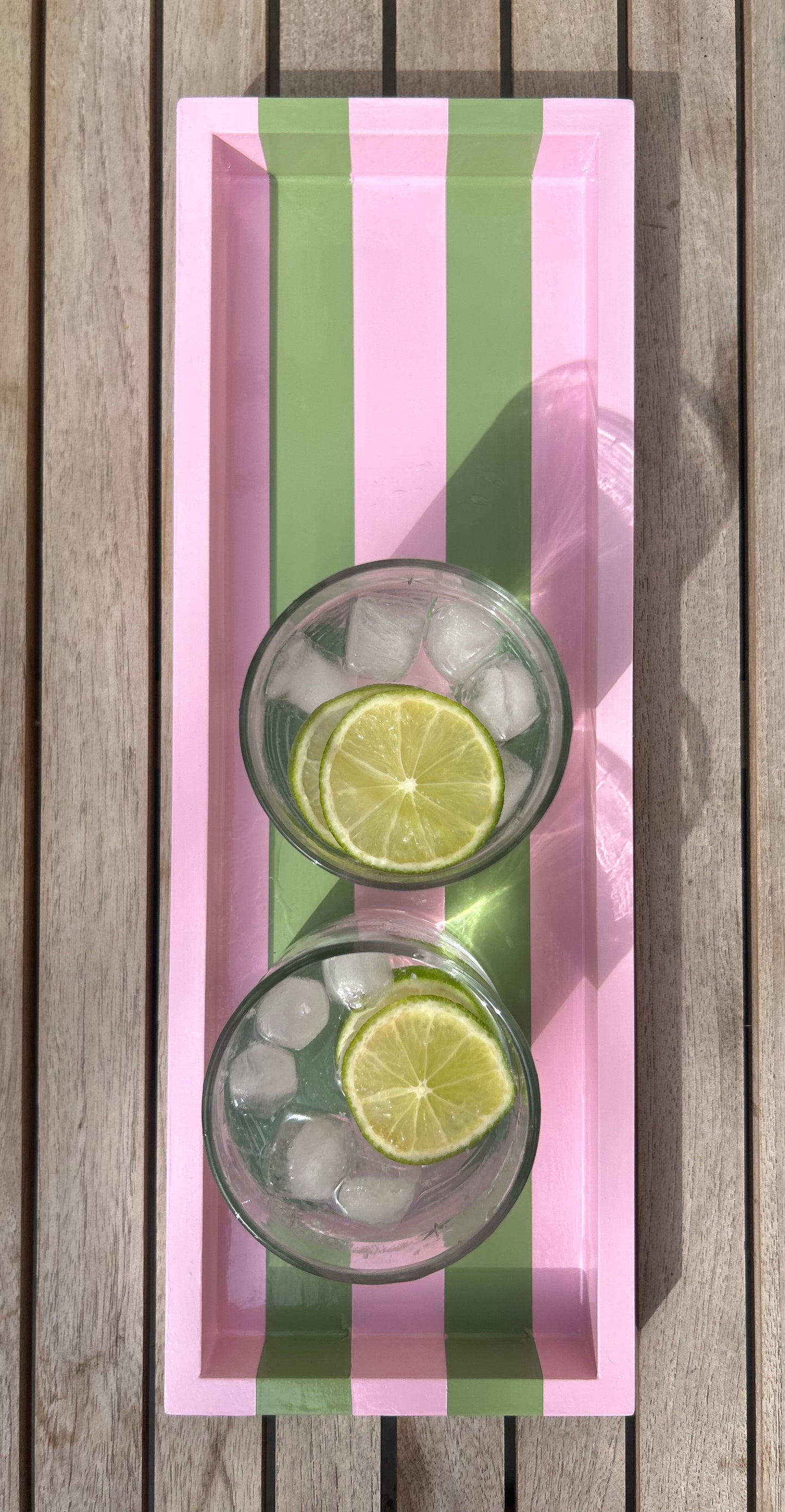 Hand-painted Striped Wooden Serving Tray | Lacquer Drinks Tray 40cm — Pink & Green