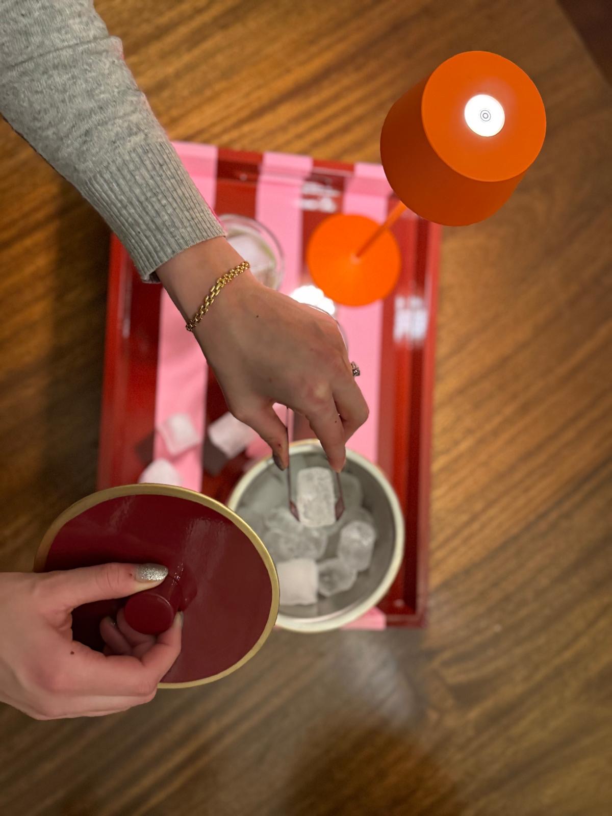 Red Ice Bucket with Hand-painted gold edge- double lined stainless steel.