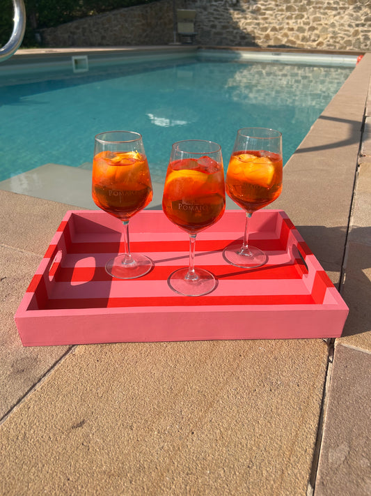 Hand painted pink and red striped tray.