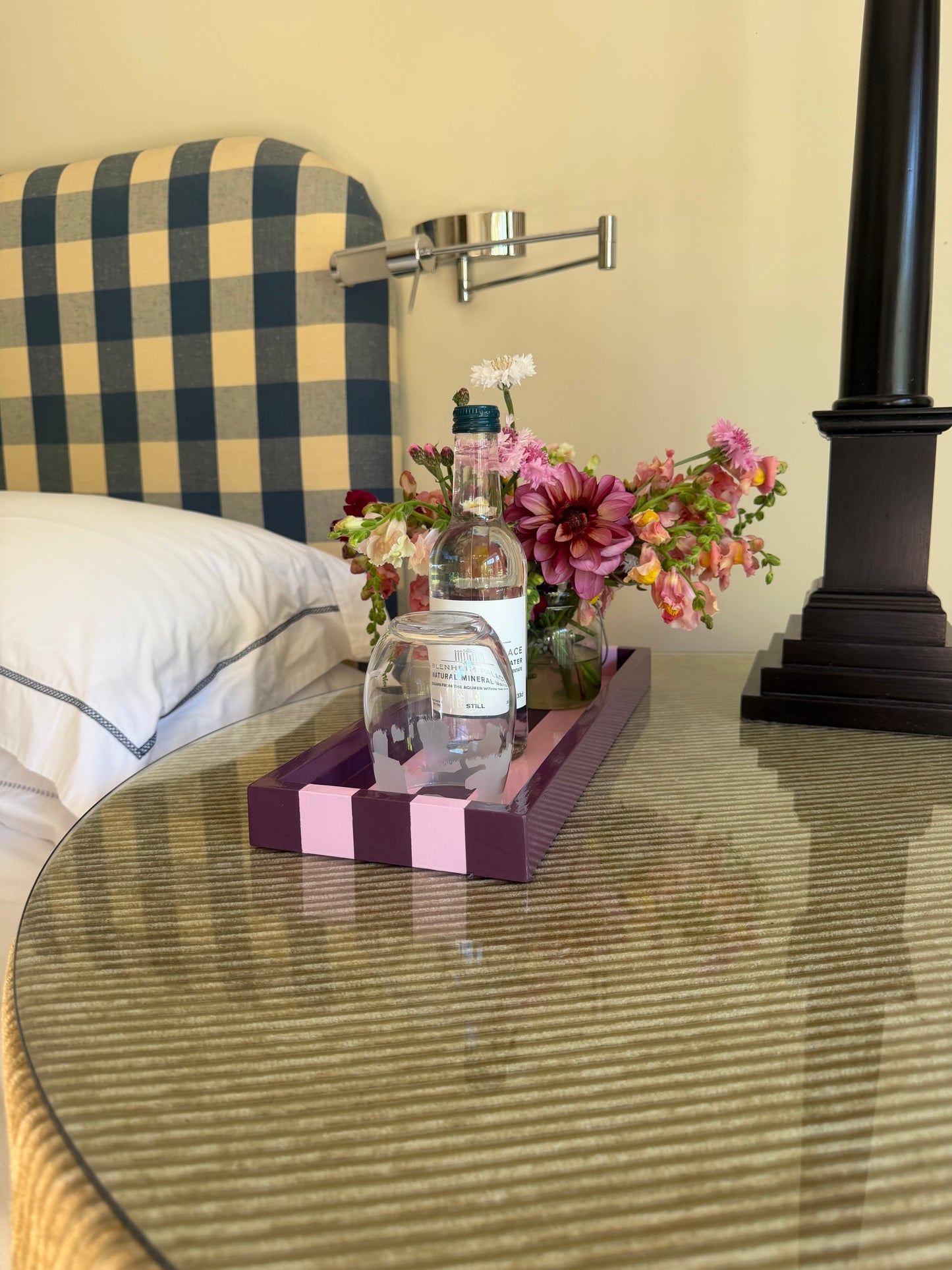 Hand-painted Striped Wooden Serving Tray | Lacquer Drinks Tray 40cm — Mulberry & Blush Pink