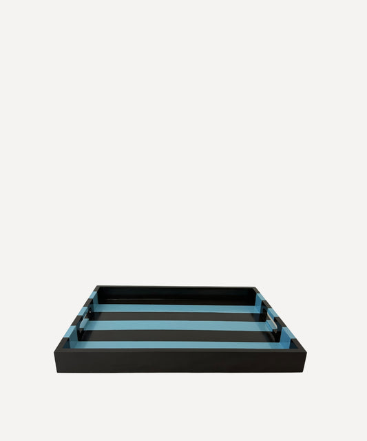 Brown and Blue Striped Decorative tray with handles.