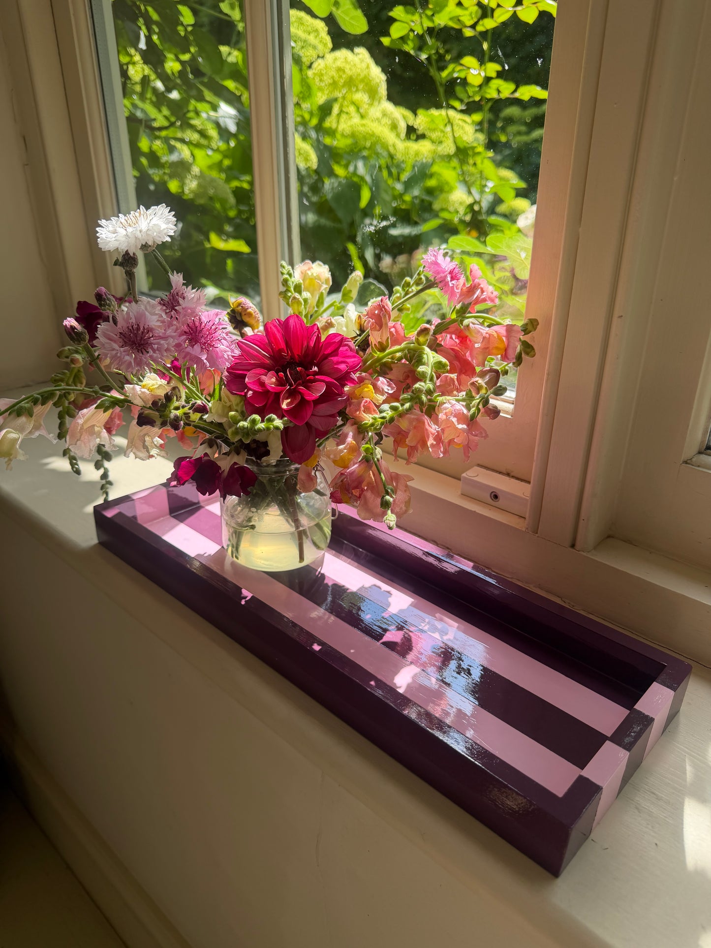 Hand-painted Striped Wooden Serving Tray | Lacquer Drinks Tray 40cm — Mulberry & Blush Pink