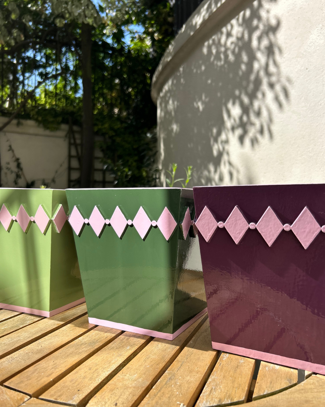 Hand-painted Wooden Plant Pot — Mulberry & Pink Diamond Design