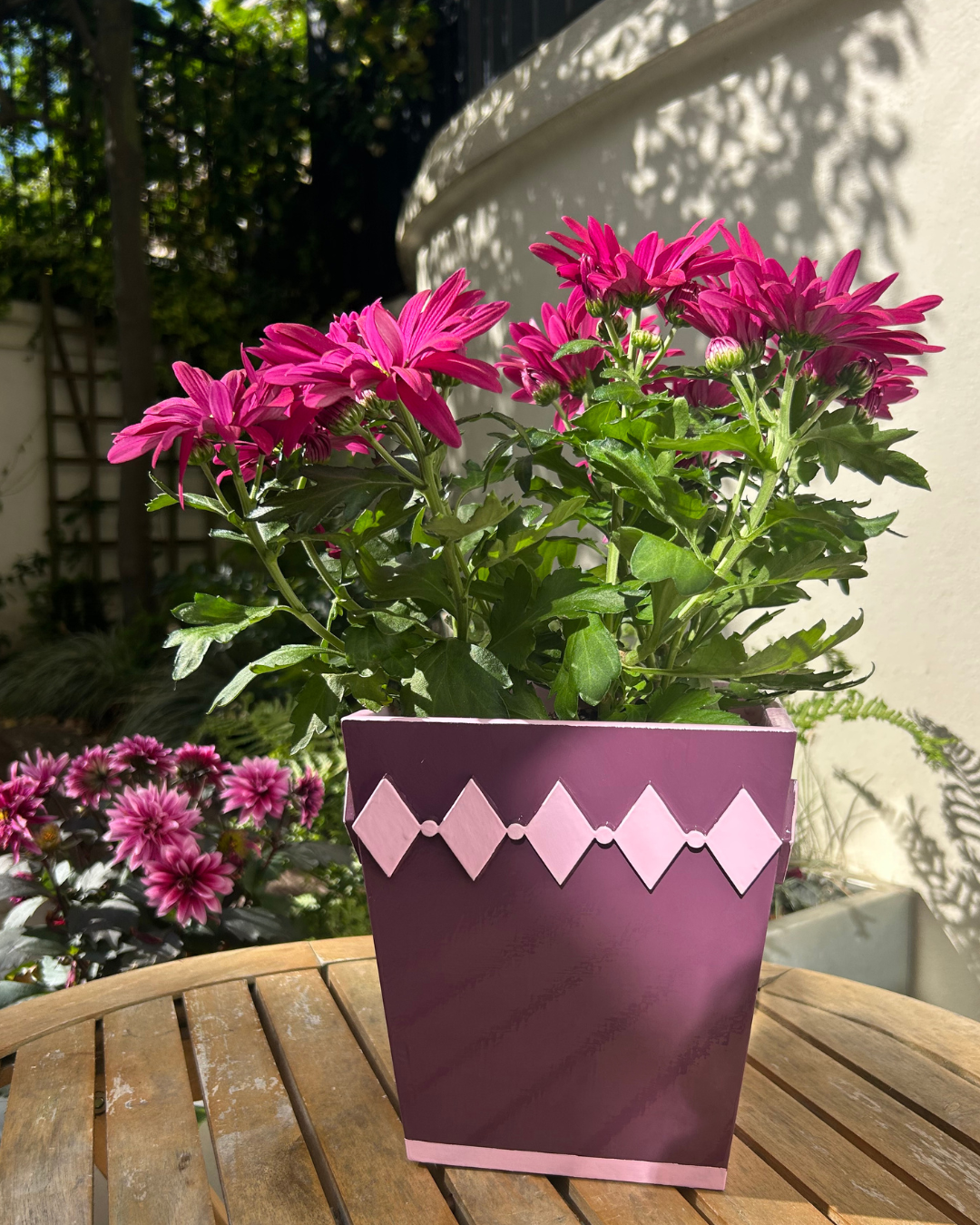 Hand-painted Wooden Plant Pot — Mulberry & Pink Diamond Design
