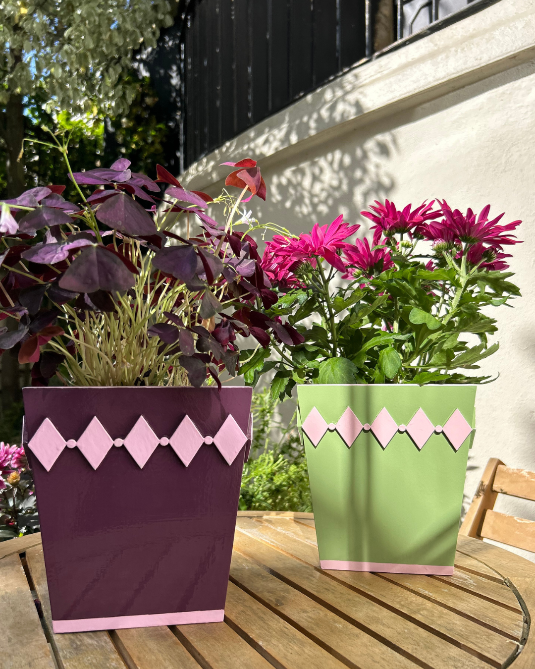 Hand-painted Wooden Plant Pot — Mulberry & Pink Diamond Design
