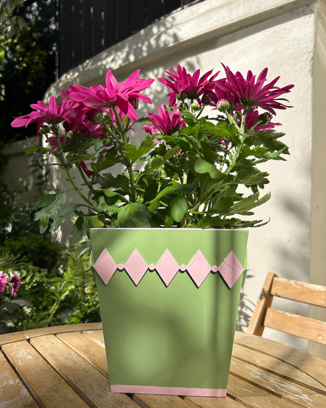 Hand-painted Wooden Plant Pot — Pistachio & Pink Diamond Design