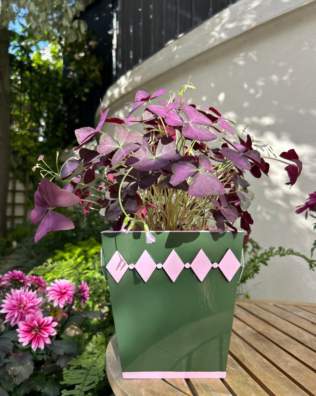 Hand-painted Wooden Plant Pot — Forest Green & Pink Diamond Design