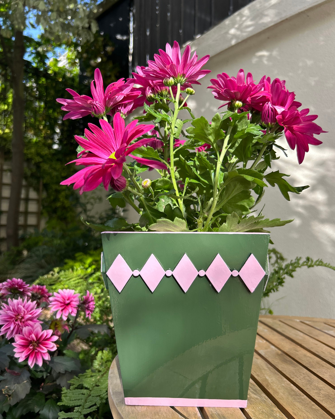 Hand-painted Wooden Plant Pot — Forest Green & Pink Diamond Design