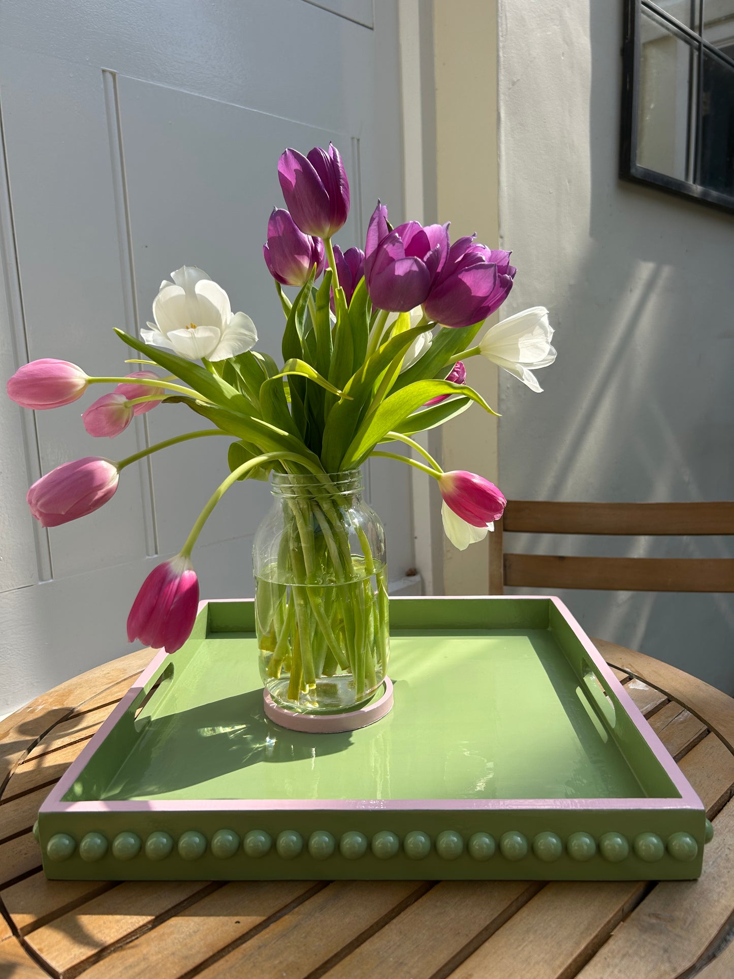 Green Bobbin Style Coffee Table Tray with Pink Edge