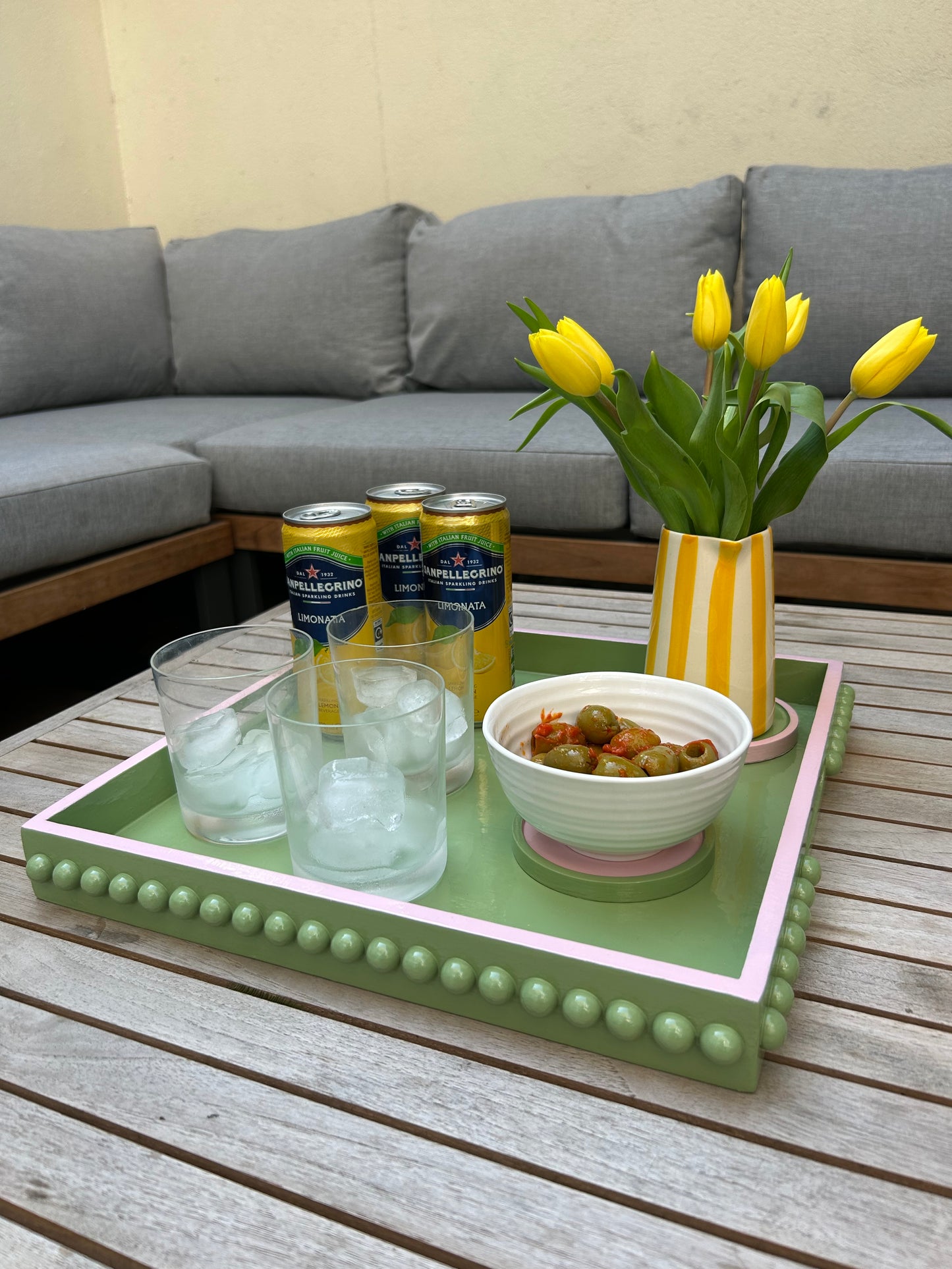 Green Bobbin Style Coffee Table Tray with Pink Edge