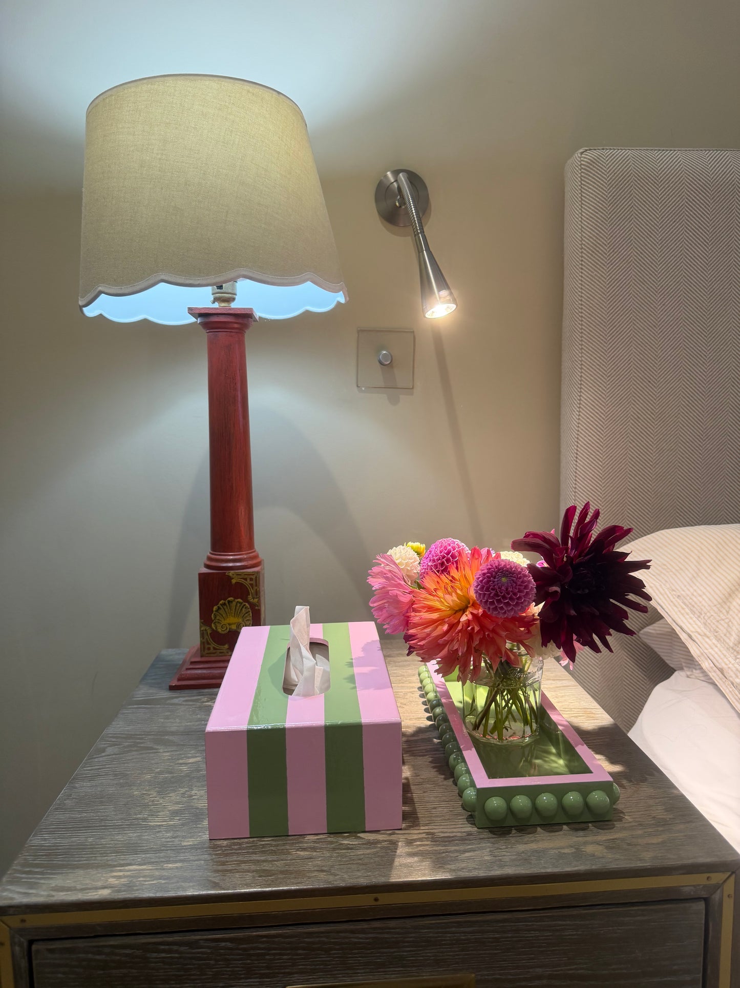 Green Bobbin Style Decorative Tray with Pink Edge