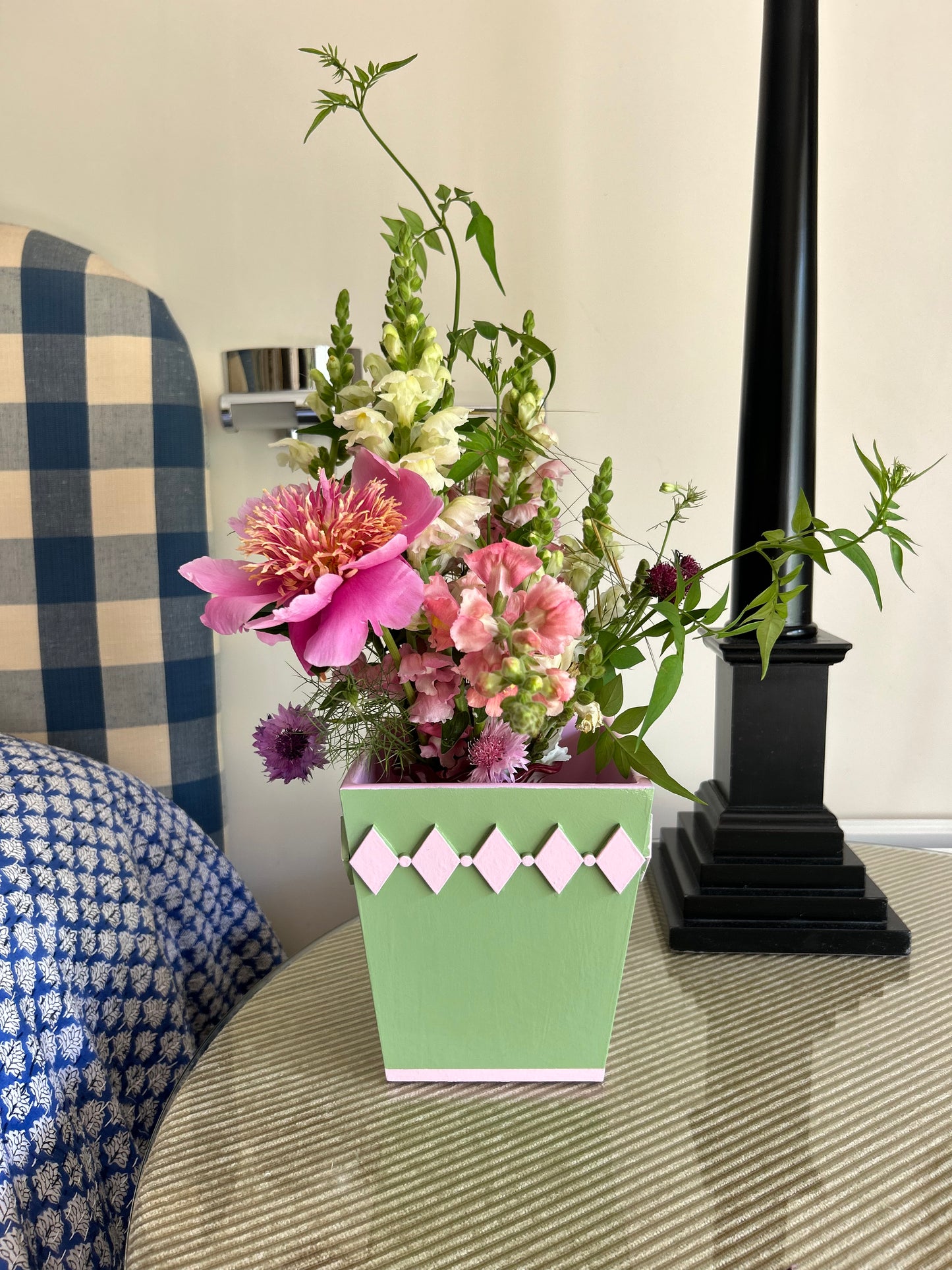 Green Diamond Style Planter with Light Pink Edge