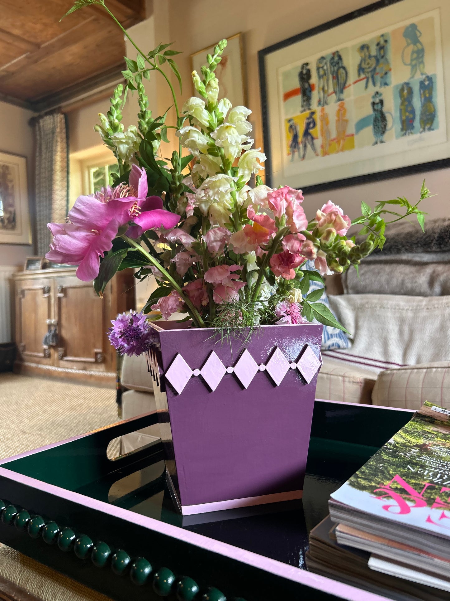 Hand-painted Wooden Plant Pot — Mulberry & Pink Diamond Design