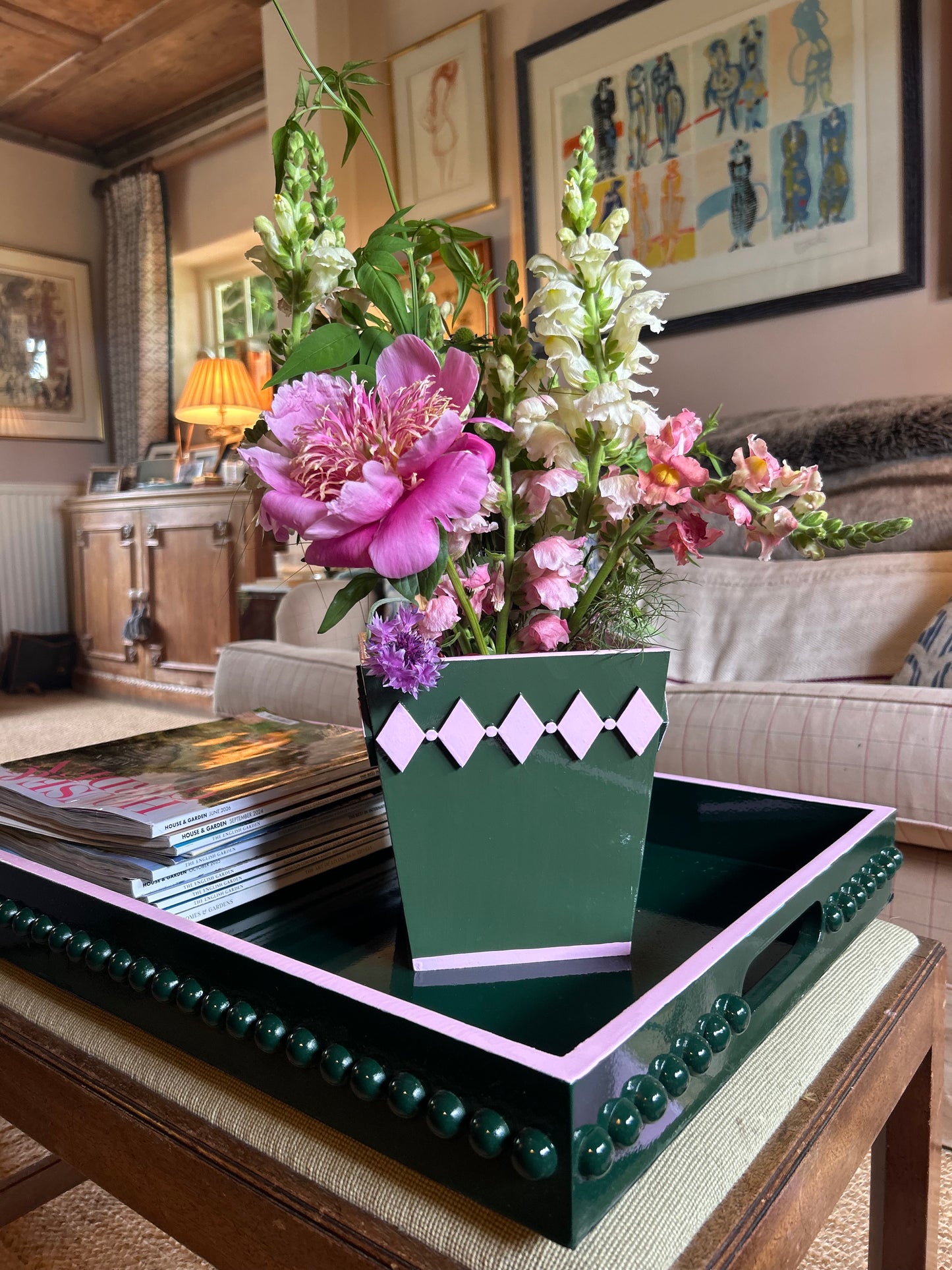 Forest Green Bobbin Lacquer Tray with Blush Pink Edge