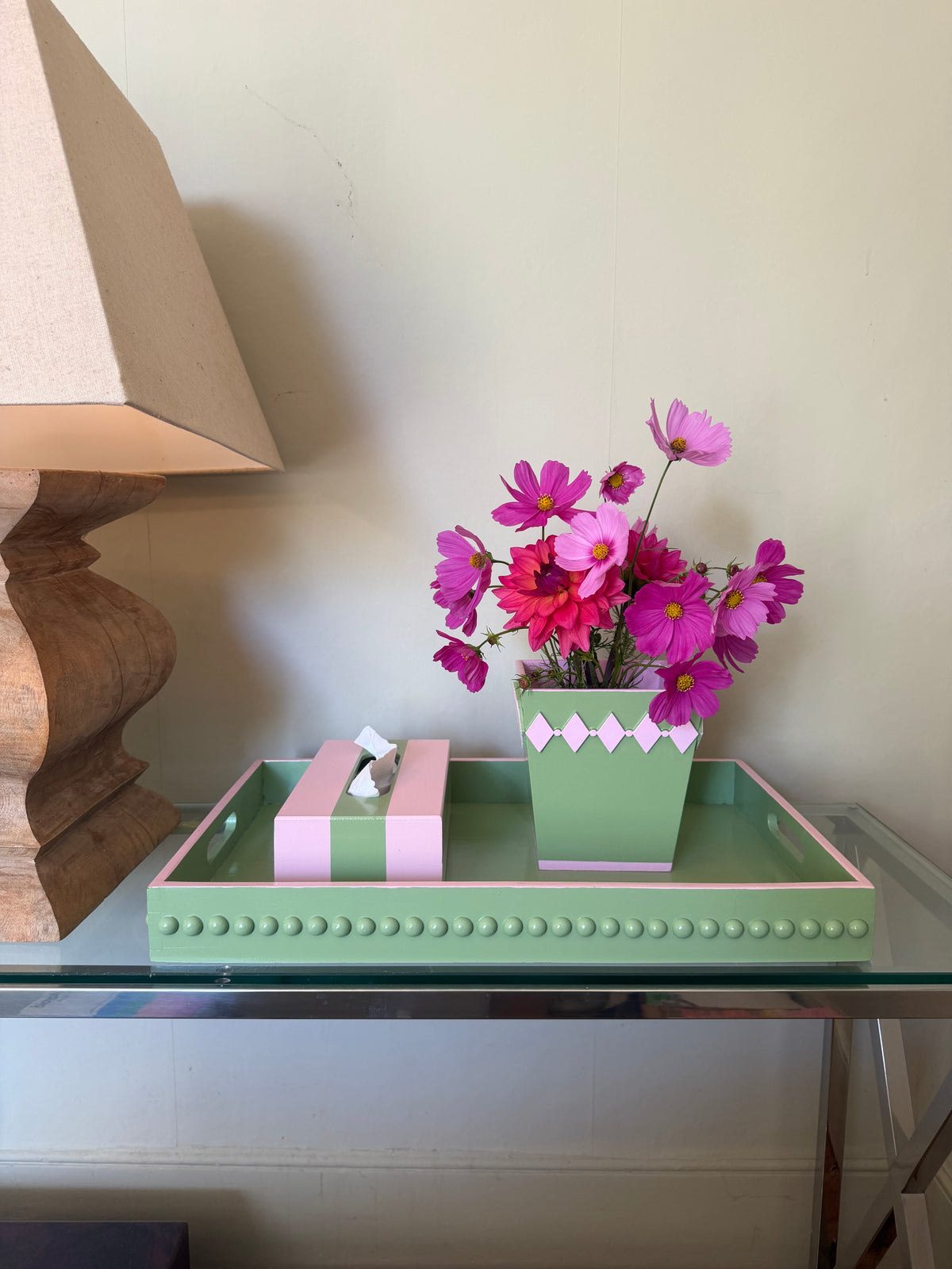 Green Bobbin Style Coffee Table Tray with Pink Edge
