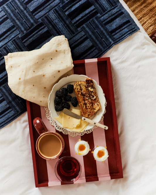 Pink and Red Striped Decorative tray with Handles.