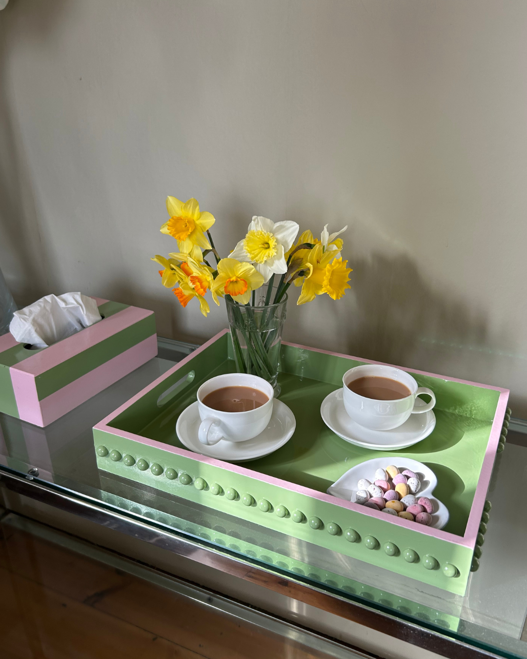 Green Bobbin Style Coffee Table Tray with Pink Edge