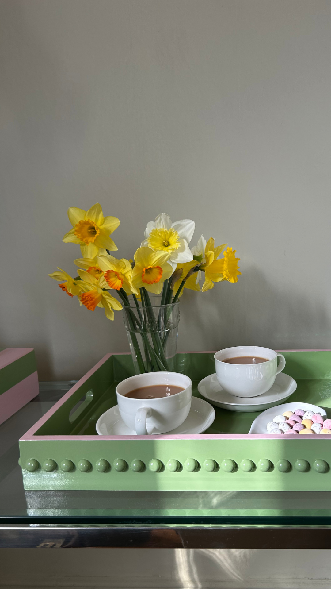 Green Bobbin Style Coffee Table Tray with Pink Edge
