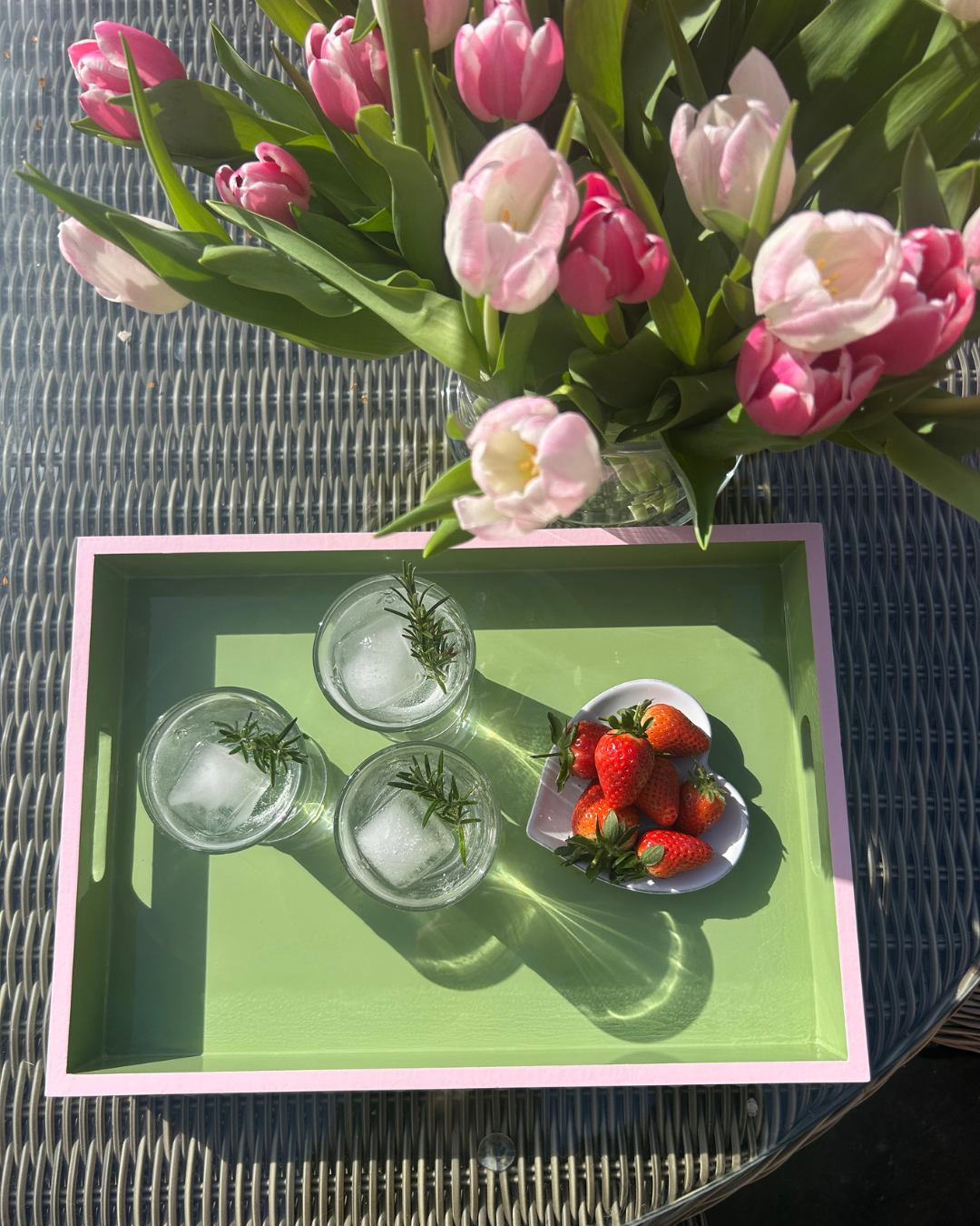 Green Bobbin Style Coffee Table Tray with Pink Edge