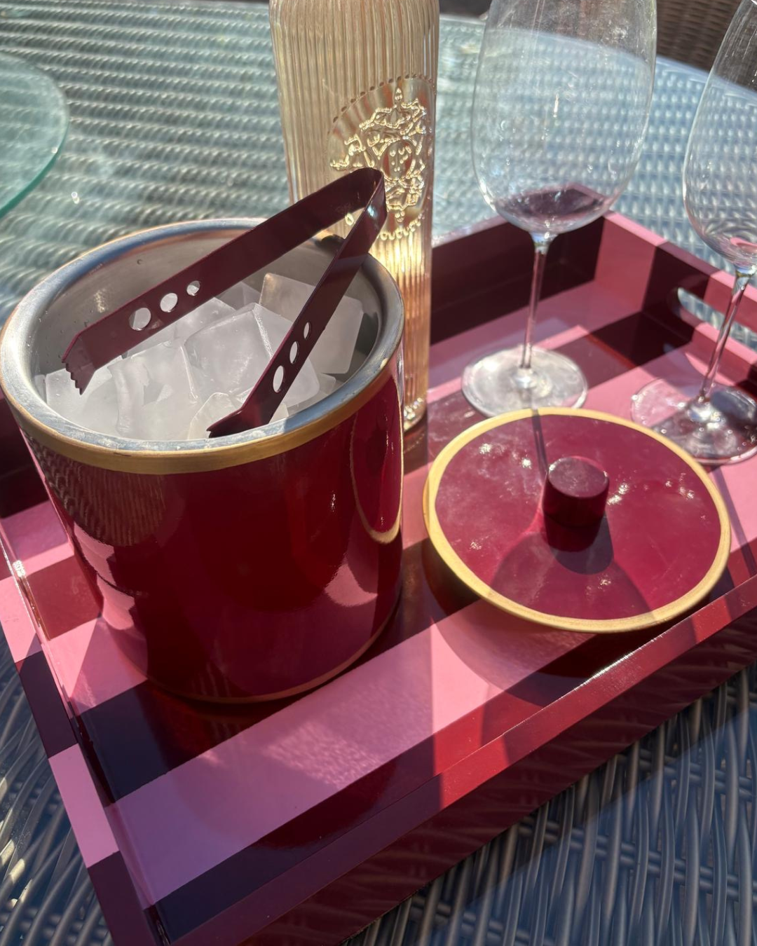 Red Ice Bucket with Hand-painted gold edge- double lined stainless steel.
