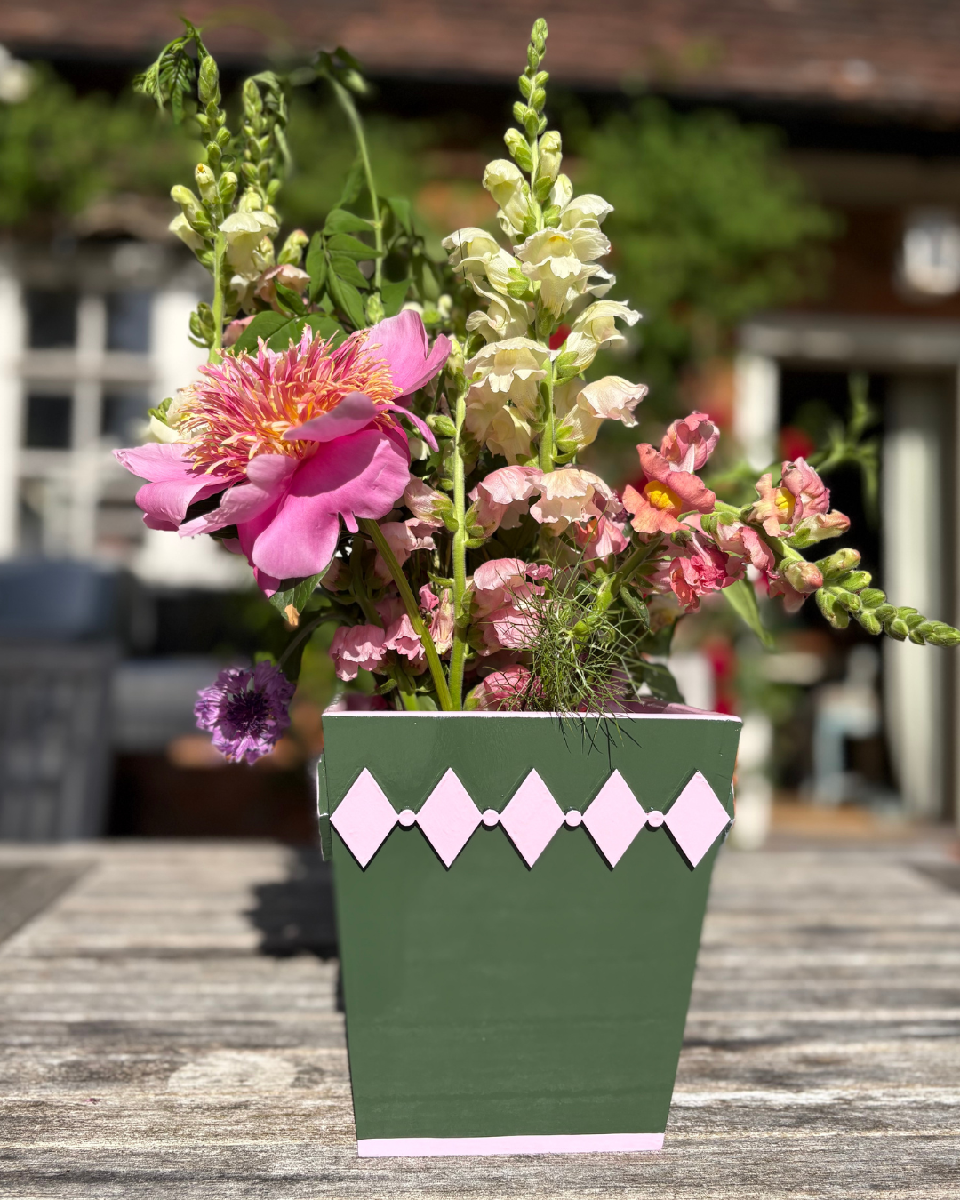 Hand-painted Wooden Plant Pot — Forest Green & Pink Diamond Design