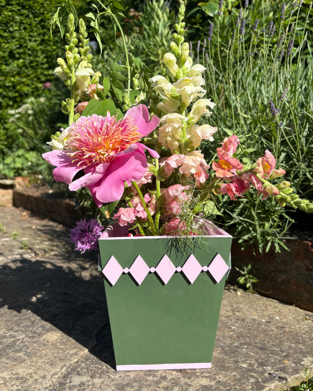 Hand-painted Wooden Plant Pot — Forest Green & Pink Diamond Design