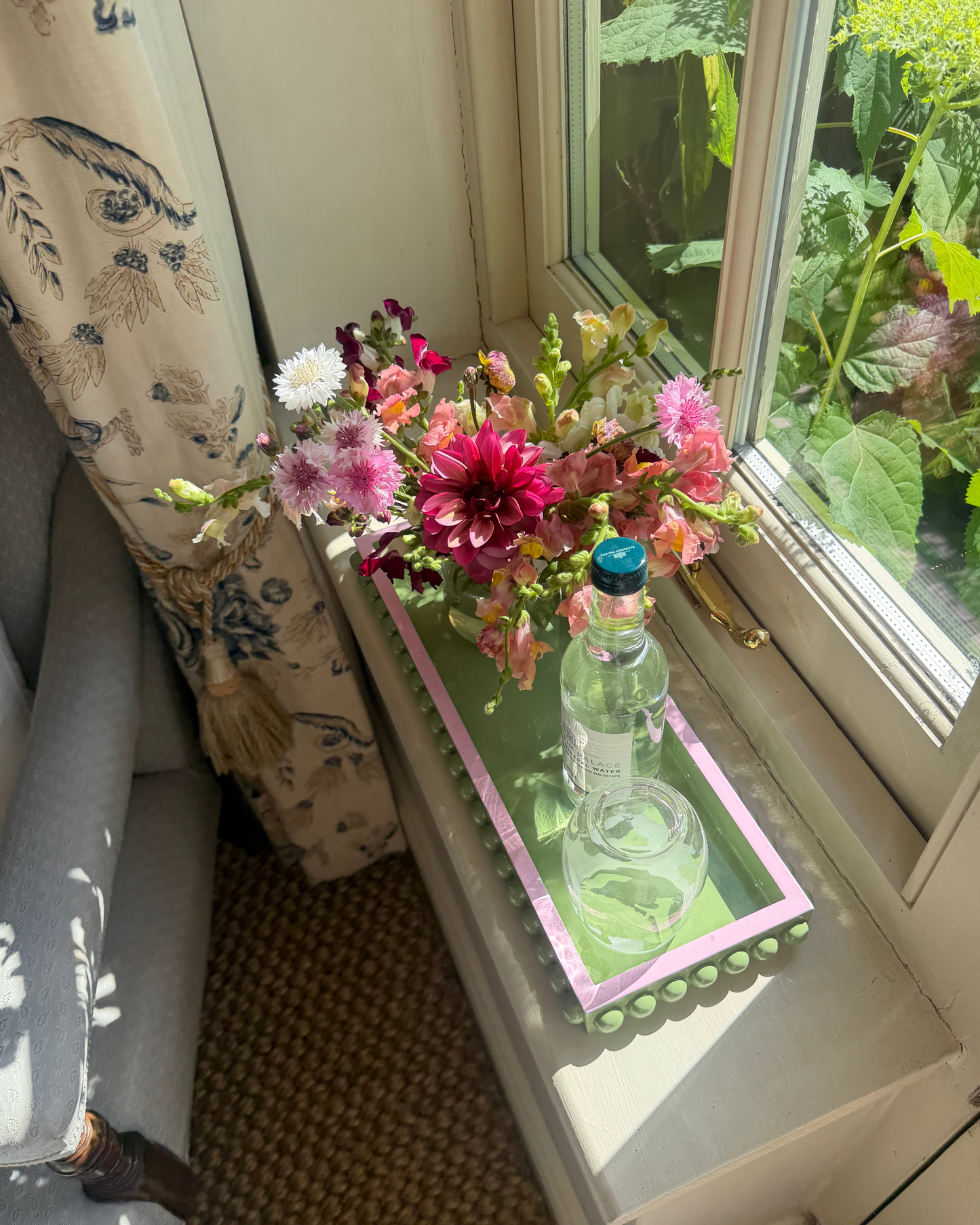 Green Bobbin Style Decorative Tray with Pink Edge