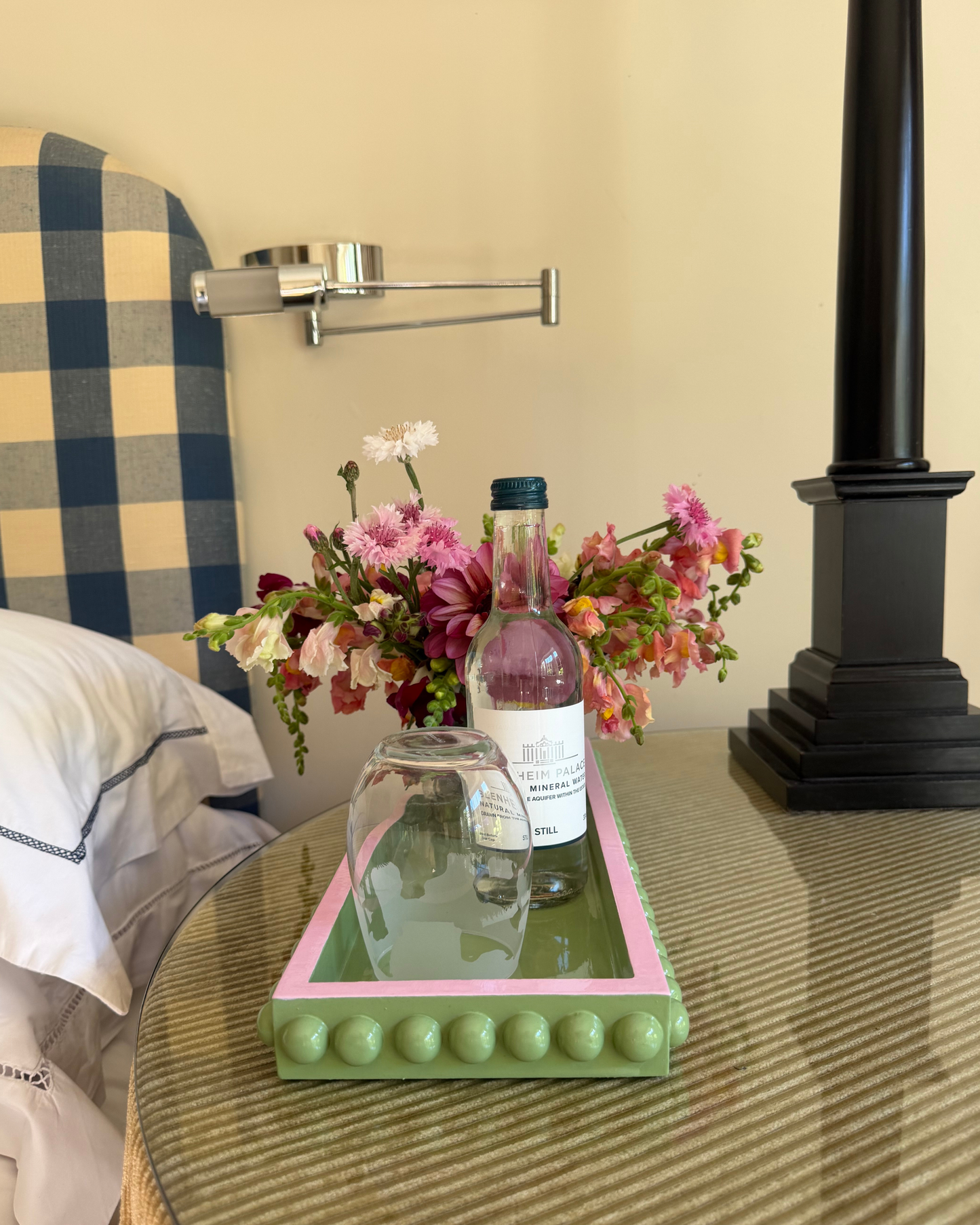 Green Bobbin Style Decorative Tray with Pink Edge