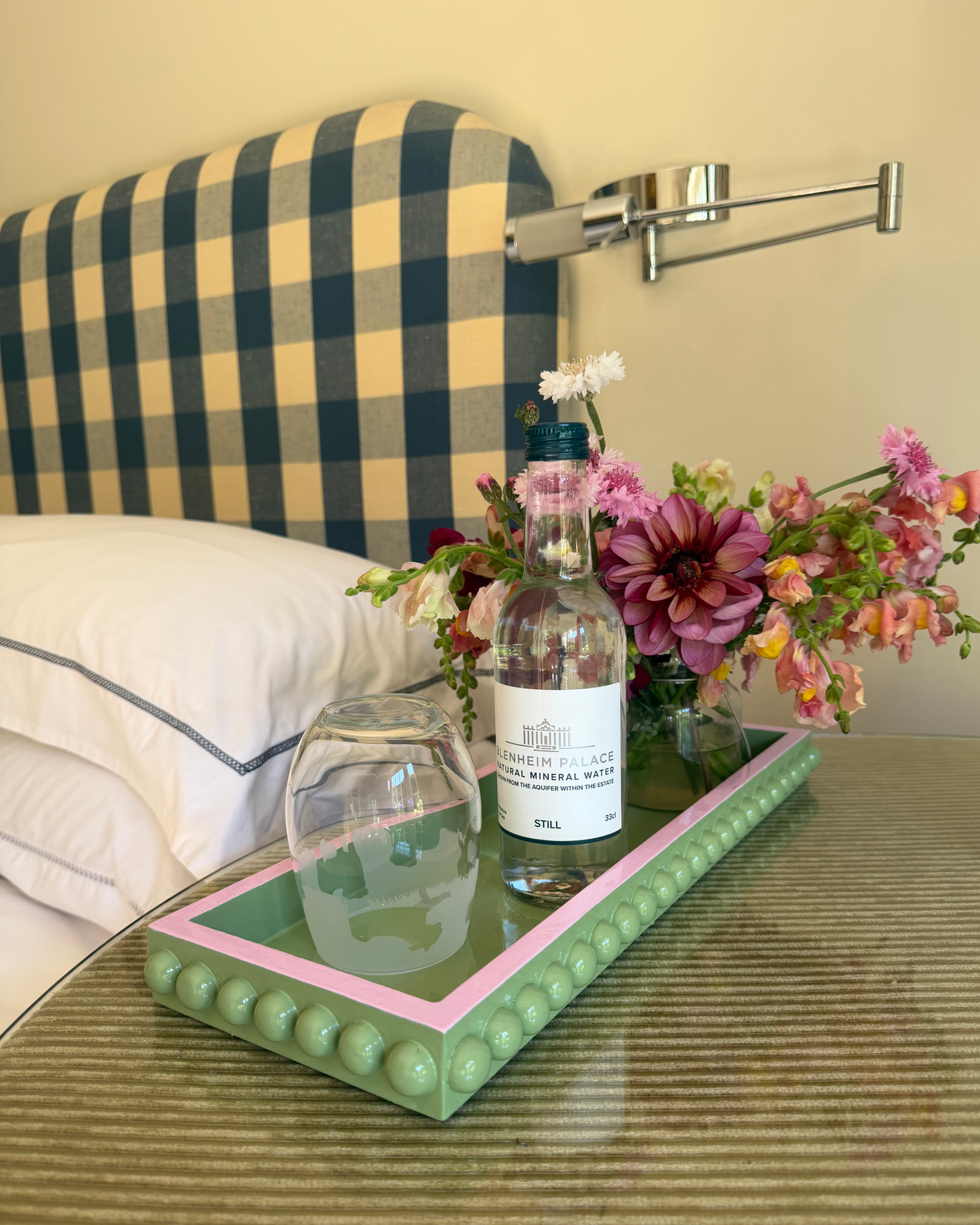 Green Bobbin Style Decorative Tray with Pink Edge