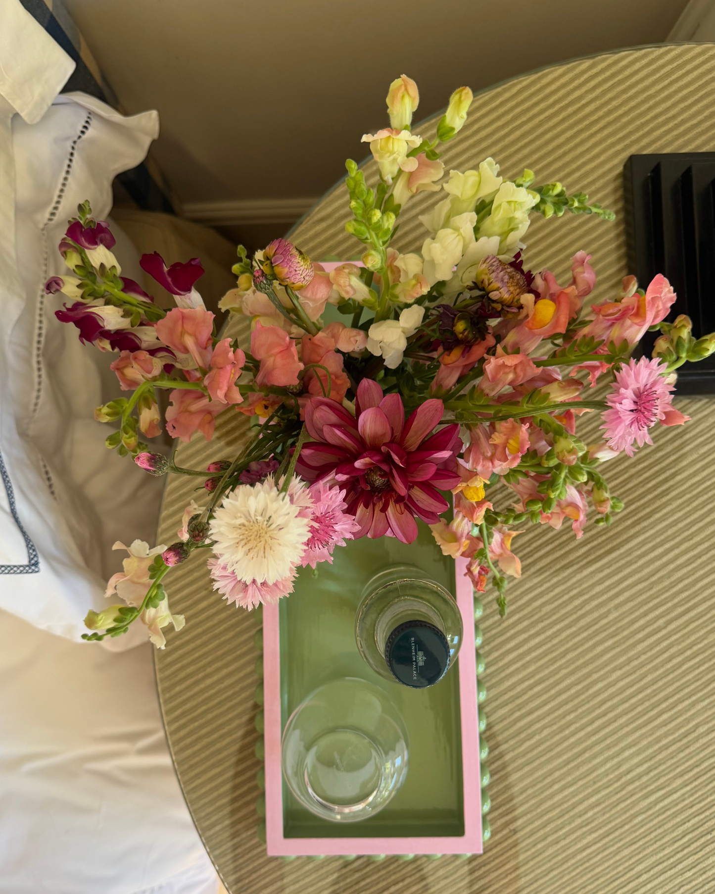 Green Bobbin Style Decorative Tray with Pink Edge