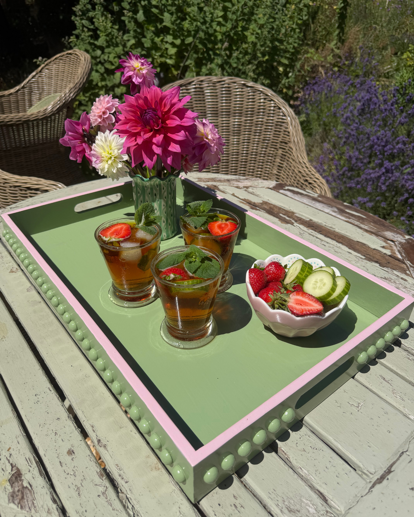 Green Bobbin Style Coffee Table Tray with Pink Edge