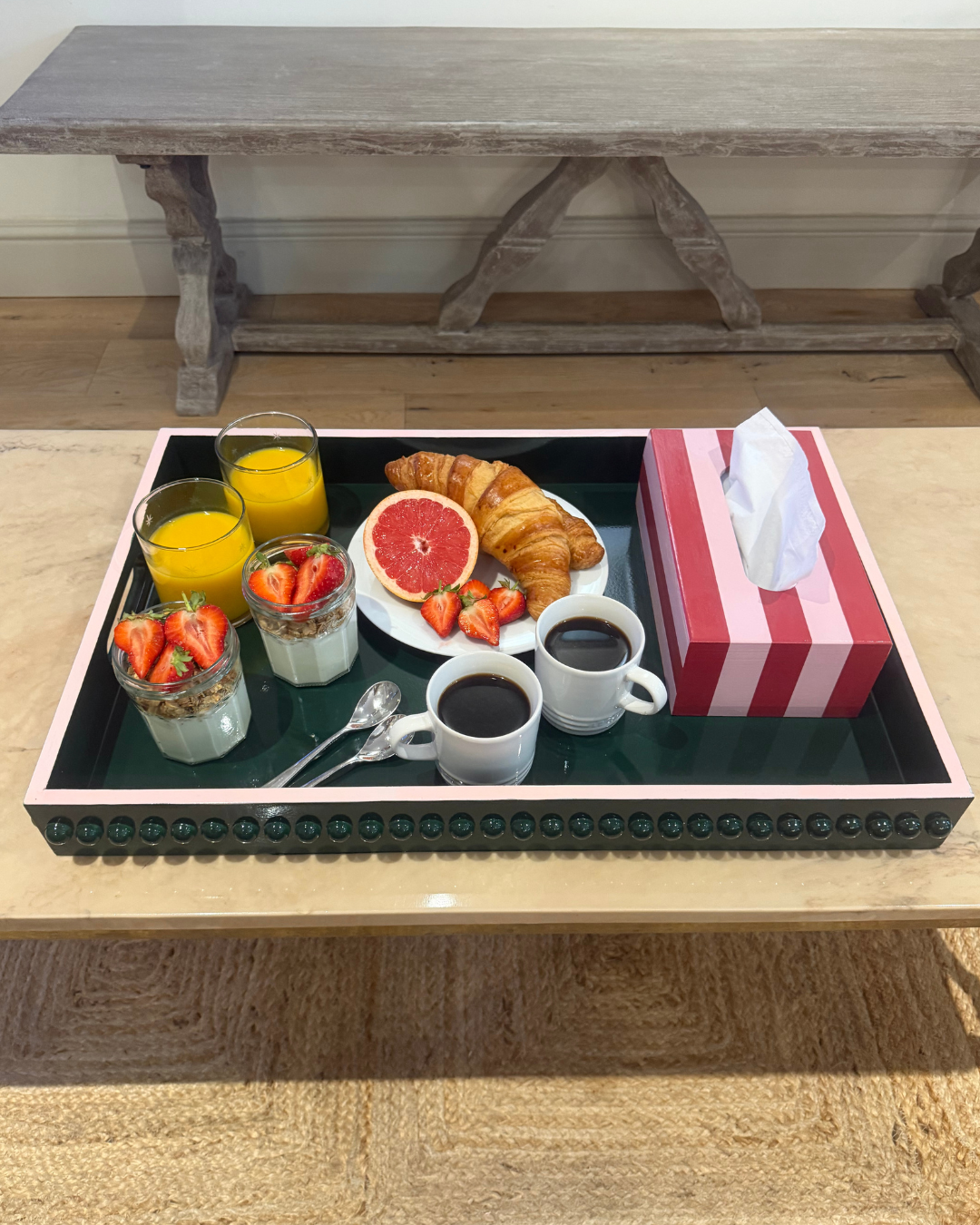 British Racing Green Bobbin Lacquer Tray with Blush Pink Edge